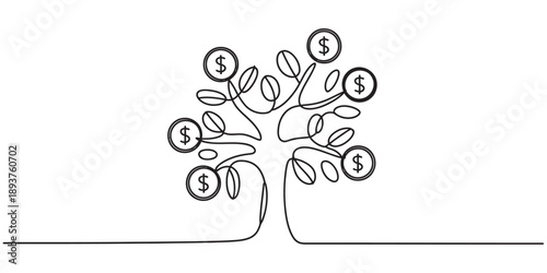 Minimalist continuous line art illustration of a money tree symbolizing financial growth Vector, illustration