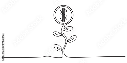 Continuous line drawing of a plant with a dollar coin on top symbolizing financial growth. Vector, illustration