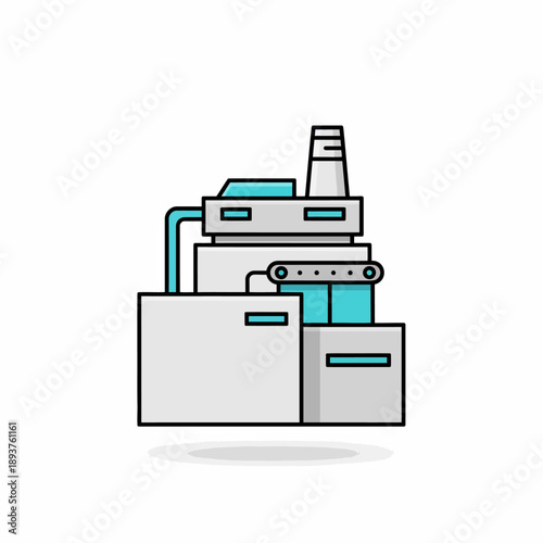 Stylized illustration of a multilevel industrial machine with a conveyor belt