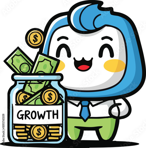 Cartoon Character Saving Money in Jar 1.
