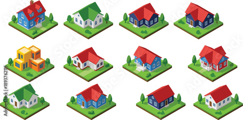 Isometric, colorful, houses, set, residential, homes, suburban, neighborhood, architecture, property, real, estate, housing, design, vector, illustration, modern, exterior, buildings, collection