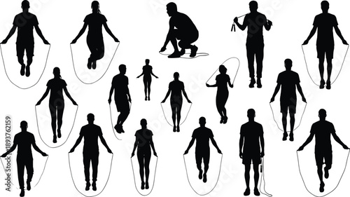 Jump rope silhouette, fitness exercise icons, cardio workout poses, athletic training illustration, rope skipping motion, healthy lifestyle concept, minimal design