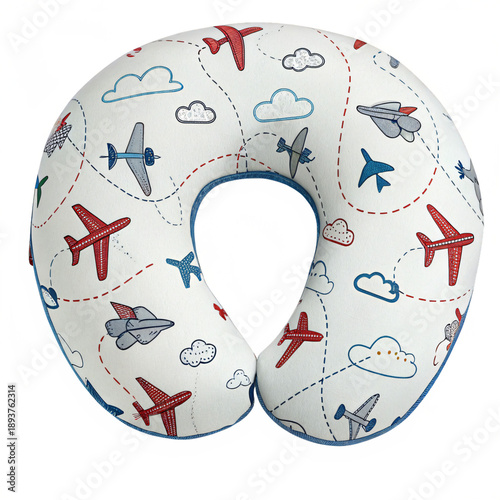 Travel neck pillow with airplane and cloud pattern