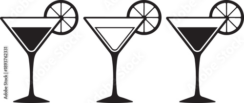 Martini cocktail glasses with citrus garnish minimalist black silhouette icon set