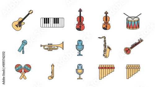 Assorted Musical Instruments and Music Symbols.