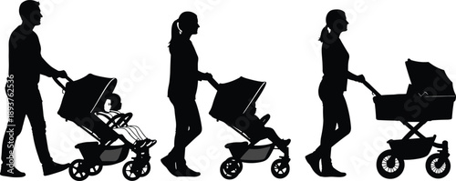 Family stroller evolution silhouettes showing parents walking with baby carriage, modern pram and pushchair, parenting, childcare lifestyle, outdoor mobility concept, isolated on white background
