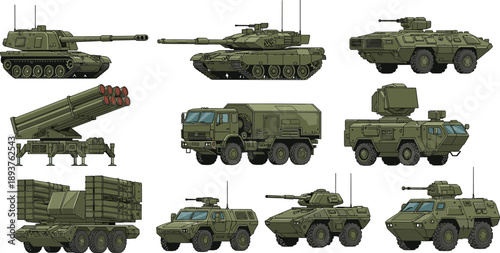 Military armored vehicles set including tanks missile launchers and armored trucks illustrated for defense warfare strategy transport and tactical equipment design