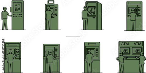 Minimal green ATM machine illustration set showing people using automated teller machines for banking transactions, cash withdrawal, and modern financial services concepts