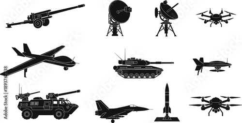 Military weapon and defense technology silhouette icon set with drones, tanks, aircraft, radar systems, missiles, and armored vehicles for security and warfare design