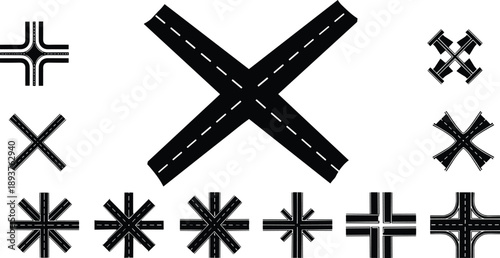 Road intersection icons set with cross junction roundabout and street crossing symbols isolated on white for navigation maps traffic and urban design illustration