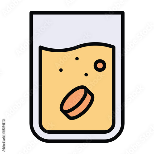 Effervescent vitamin C tablet with fizz bubbles and orange flavour dissolving in glass of water, Medical And Healthcare Related Lineal Colour Style Vector Icon.