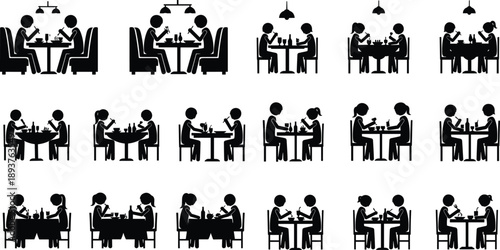 Silhouettes of dining couples at tables in various poses, ideal for restaurant signage, social interaction design, and hospitality-themed illustrations.