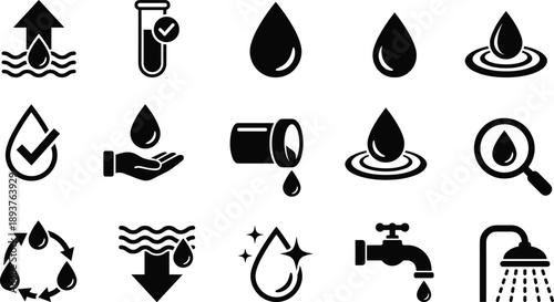 Water and liquid icon set with drop recycle purification supply conservation and hygiene symbols in bold black silhouette style for environmental design
