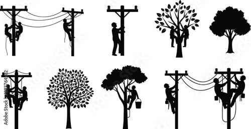 Silhouette set of electricians and tree workers climbing poles and trees, utility line maintenance and arborist work concept, black and white illustration isolated