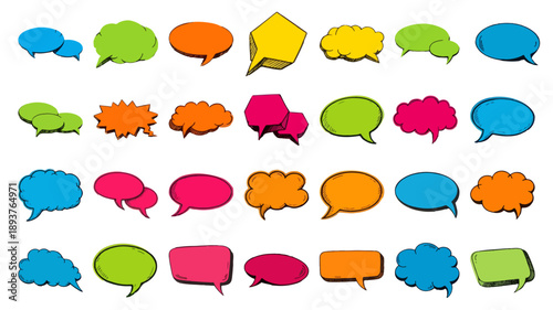 Colorful speech bubble collection. Comic talk clouds and message balloons in bright pop art doodle style vector illustration