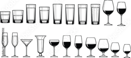 Glassware collection illustration featuring drinking glasses wine goblets cocktail champagne and bar glass types in clean black line art style isolated