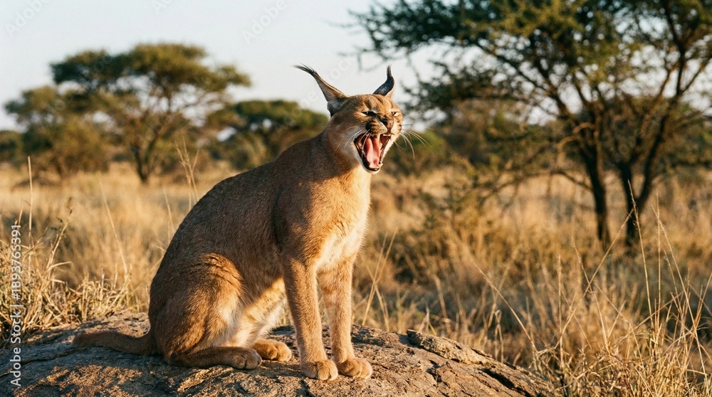 Naklejka premium Caracal Yawning(あくびをするカラカル)