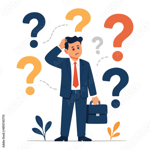 Confused business man standing with question marks showing doubt confusion and decision problem in work life flat vector illustration