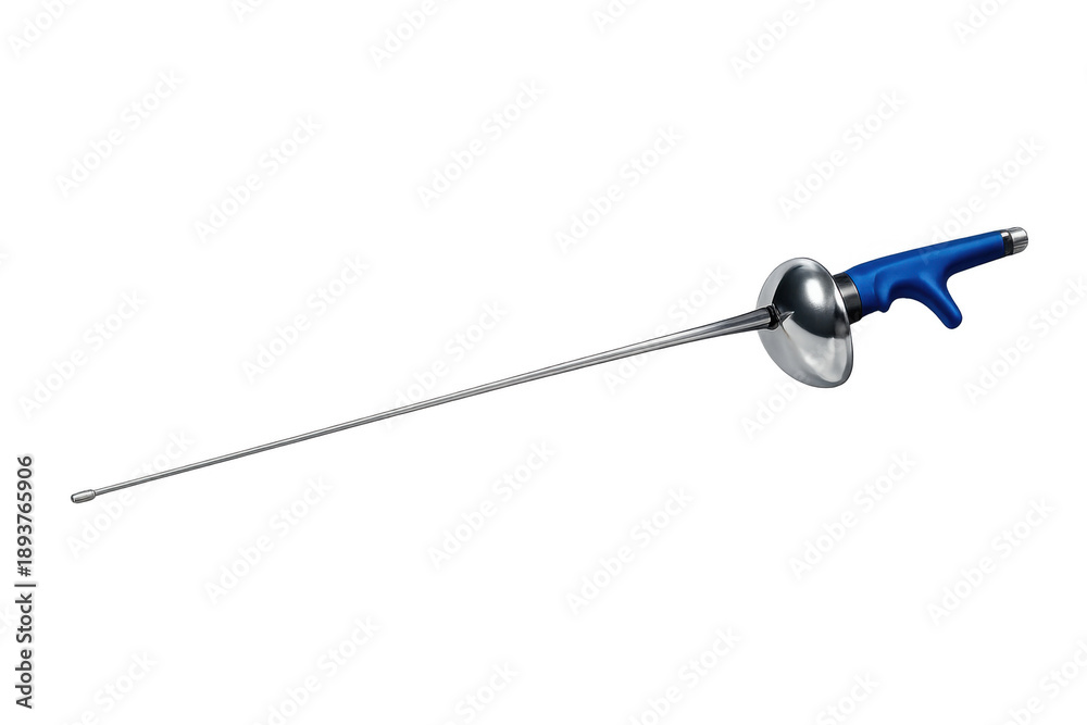Fototapeta premium Fencing epee with blue pistol grip and metal blade on transparent background, symbolizing sport competition and dueling