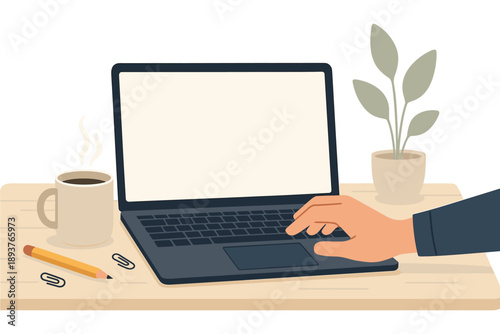 Hand using laptop on office desk with coffee cup pencil and plant showing modern workspace and remote work setup flat vector illustration