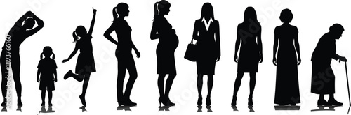 Female life stages silhouette from child to elderly woman isolated on white background, growth aging concept illustration design