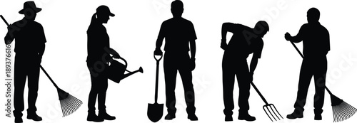 Gardener silhouette set with tools rake shovel watering can isolated on white background, landscaping work illustration collection design
