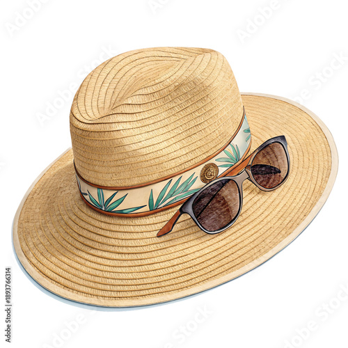 Stylish straw hat with sunglasses for summer