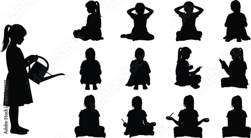 Little girl silhouette set showing sitting playing reading watering plants isolated on white background, childhood activity illustration collection