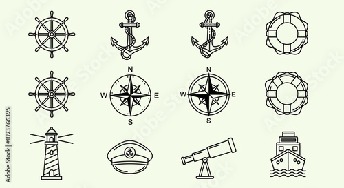 Nautical Icon Set Vector – Anchor, Compass, Ship, Lighthouse, Lifebuoy Silhouettes
