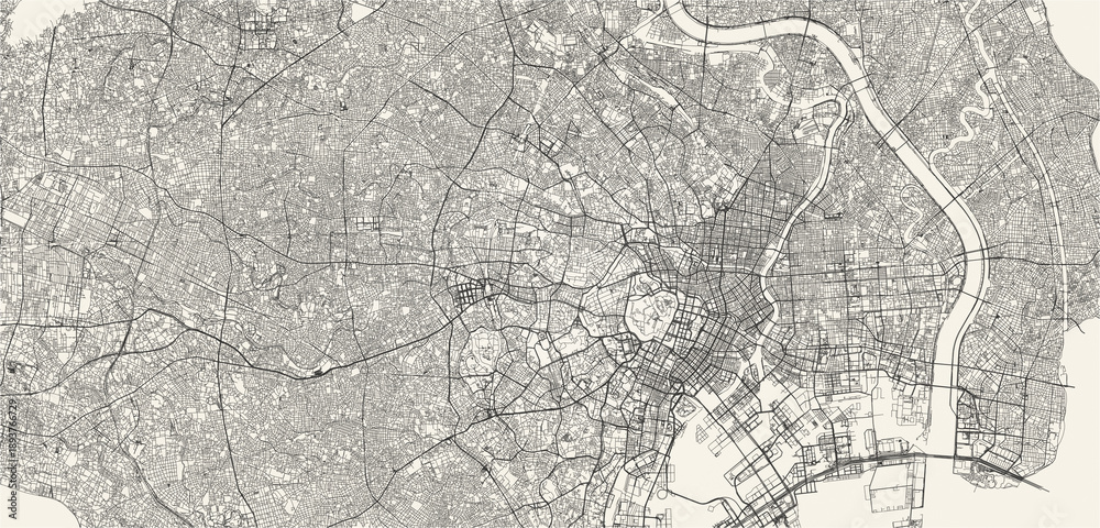 Fototapeta premium City street and transportation map of Tokyo, Japan, in black and light beige. High resolution full frame minimalist poster style road map or urban street plan of Tokyo. Vintage look.