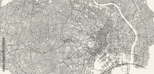 City street and transportation map of Tokyo, Japan, in black and light beige. High resolution full frame minimalist poster style road map or urban street plan of Tokyo. Vintage look.