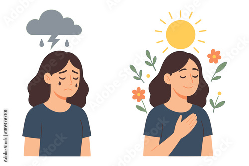 Woman showing emotional change from sadness to happiness with mental healing positivity self care and inner peace flat vector illustration