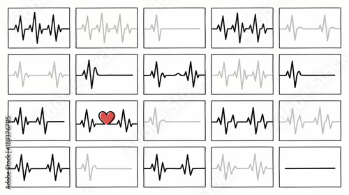 Set of grayscale ECG waveform strips with a highlighted red heart icon for medical monitoring and heart health concept