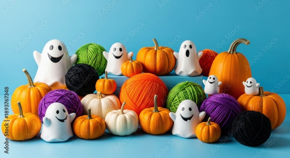 Fototapeta premium A Halloween scene with ghosts, pumpkins, and colorful yarn balls