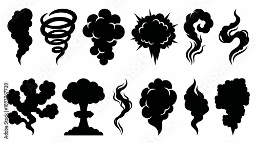 Collection of black silhouette icons featuring tornadoes, cyclones, smoke plumes, explosions, and trees for disaster, weather and graphic design projects.