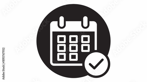 Calendar icon with a checkmark badge inside a black circular background, symbolizing scheduling, task completion, and deadline management.