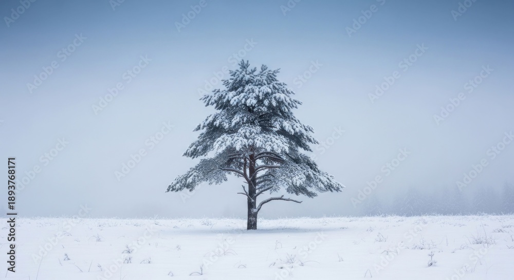 Fototapeta premium A snow-covered evergreen tree stands alone in a wintry field