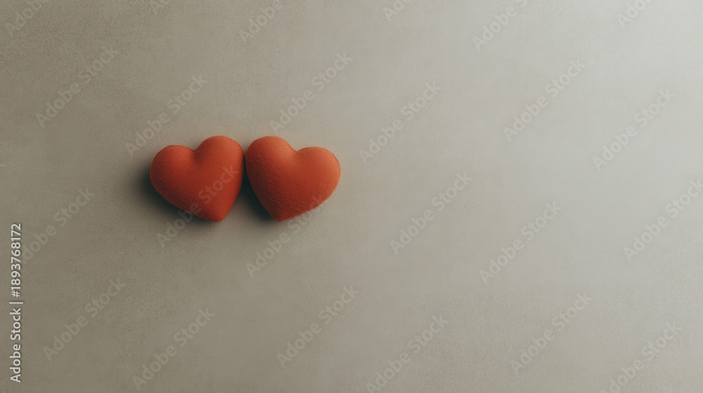 Fototapeta premium Two red hearts on neutral background with copy space