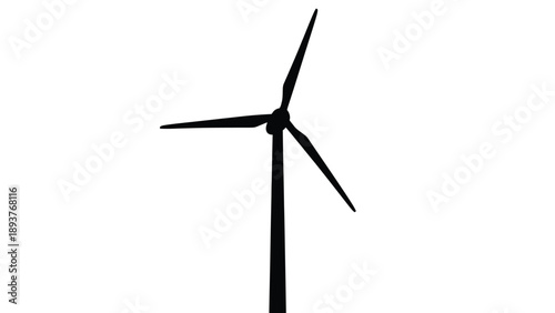 A black silhouette of a wind turbine with three blades with renewable energy on white background