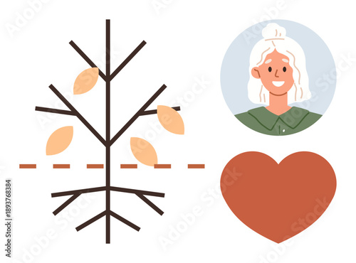 Genealogy, ancestry research, family relationships, heritage preservation, generational communication, legacy. Minimalist tree diagram, heart portrait of elderly woman. Genealogy and heritage