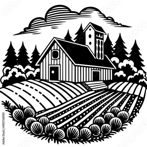 Rustic farmhouse on vast agricultural land with silo and forest