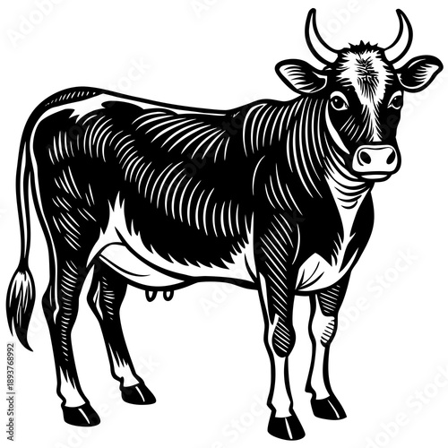 Majestic black and white cow standing proudly with curved horns