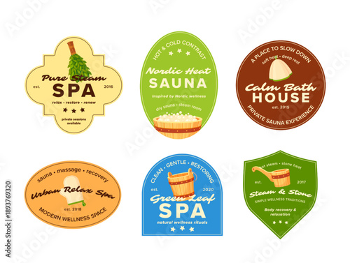 A set of logos for relaxing saunas and spas, as well as various wellness centers, focusing on relaxation and body care.