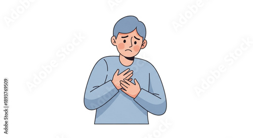 Sad man holding chest, expressing chest pain or heartbreak, illustration.