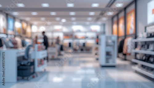 A blurred view of a modern retail store with sleek interior design and various products on display