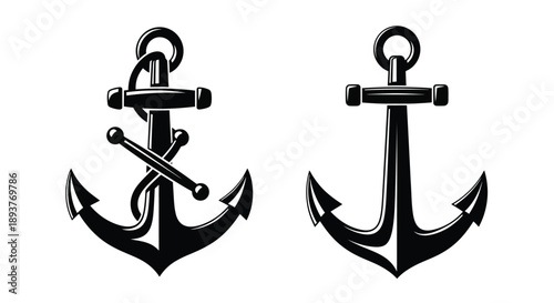 Two black nautical anchors displayed side by side on a white background