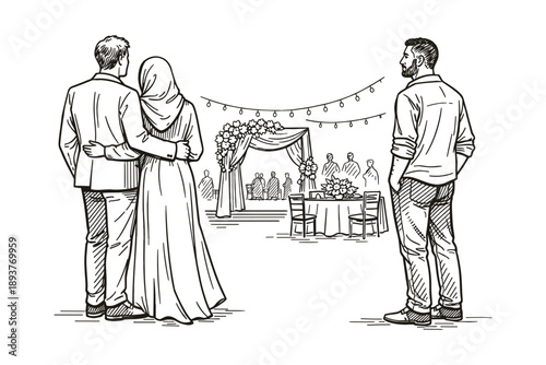 Couple in Wedding Ceremony with Guests, Man Watching, Muslim Bride, Vector Illustration