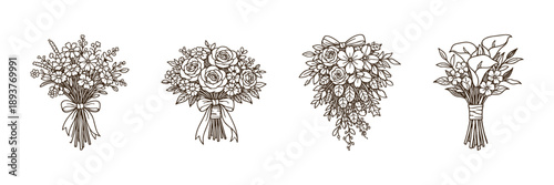 Set of hand drawn wedding flower bouquets, elegant botanical clipart, vector illustration