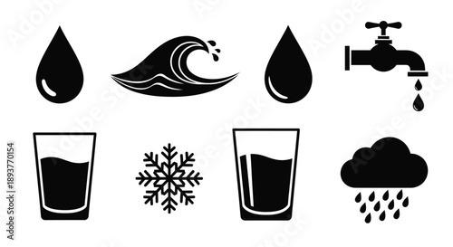Water cycle elements and related icons in black and white
