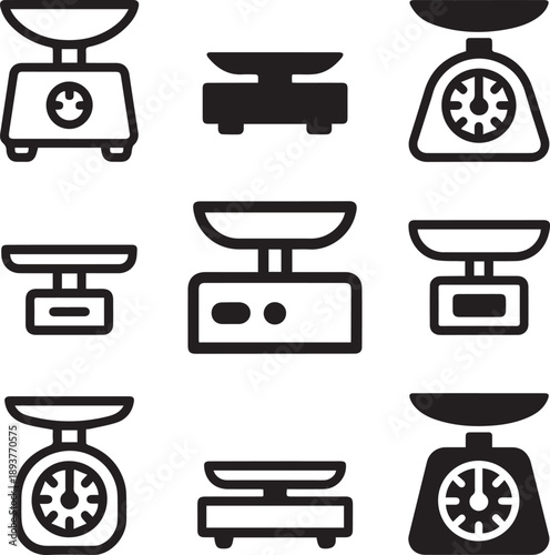 Create Scale weight icon. Simple kitchen scales. Black outline and silhouette pictogram kitchen food weight tools in different shapes. Kilograms. Mass sign and symbol. Vector set on white Background